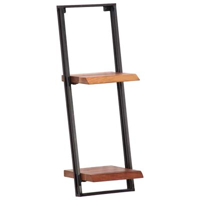 A single black metal frame with two wooden shelves mounted inside.