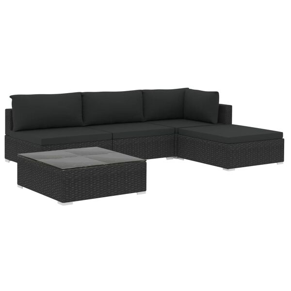 vidaXL Garden Lounge Set Black Poly Rattan 5 Piece Set Modular