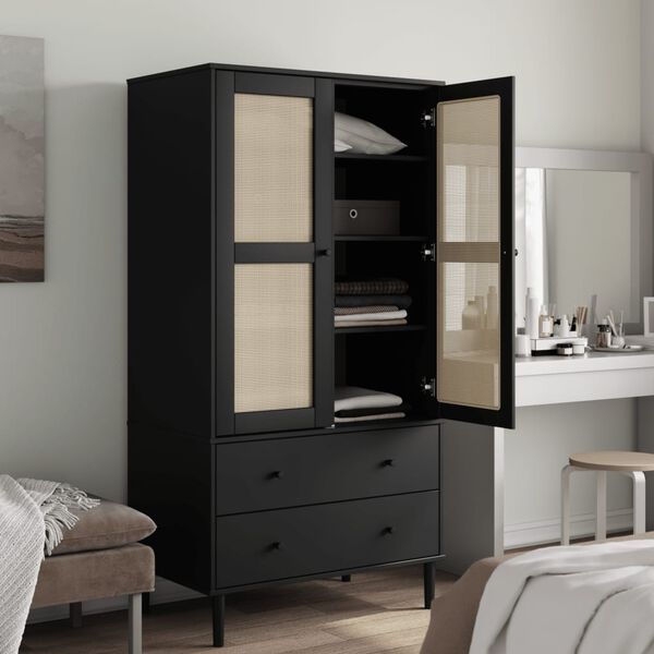 vidaXL Wardrobe Black Solid Pine Wood, Engineered Wood, Poly Rattan