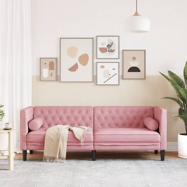 vidaXL Chesterfield Sofa Pink Velvet, plywood, solid wood, foam 3-Seater