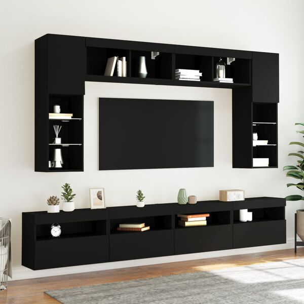 vidaXL 8 Piece TV Wall Stand Set with LED Lights Black
