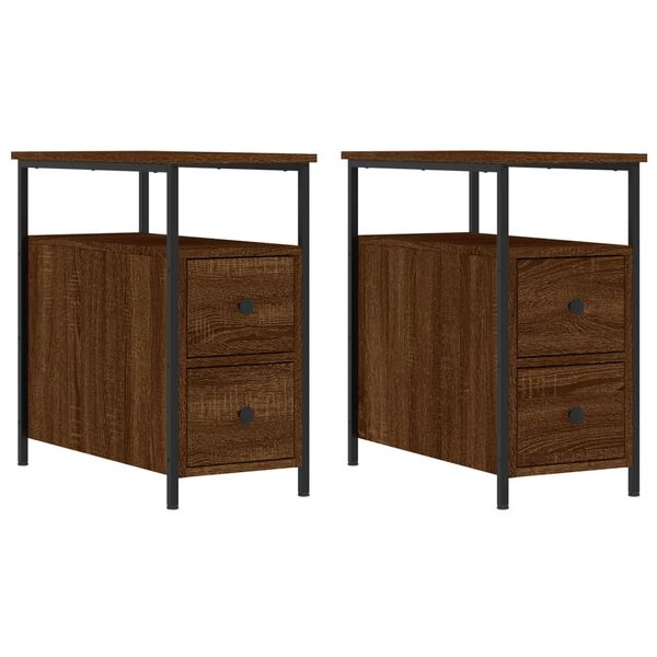 vidaXL Bedside Cabinet Set of 2 Brown Oak Engineered Wood, Iron Compact