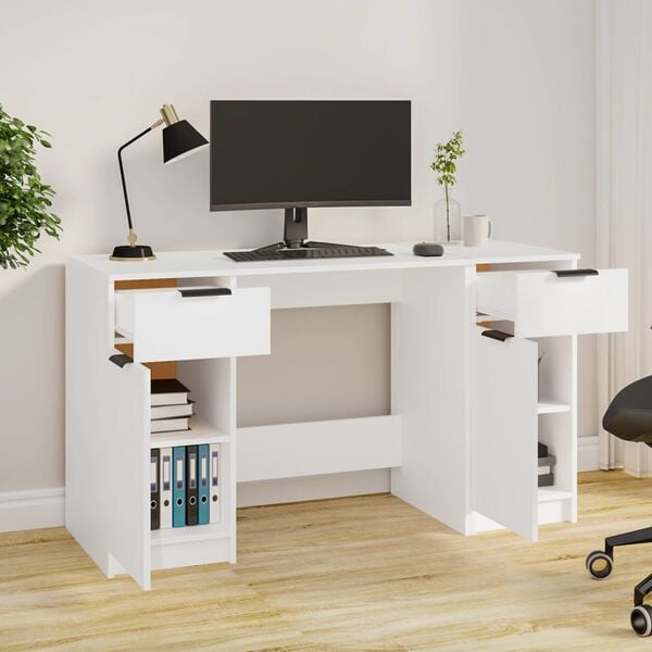 vidaXL Desk White Engineered wood Medium Modern Desk Rectangular