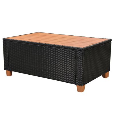 Rectangular wooden-top coffee table with wicker base.