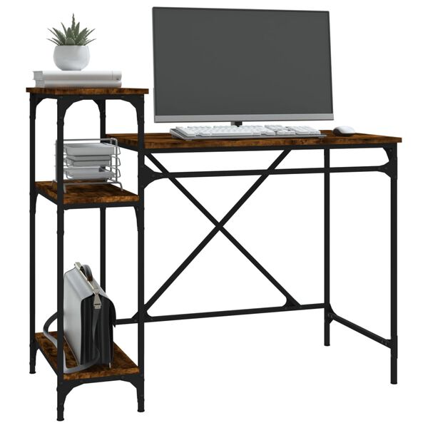 vidaXL Desk Smoked Oak Engineered Wood, Iron Medium Desk Rectangular