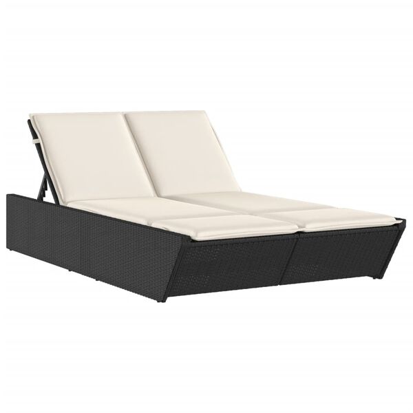 vidaXL Double Sun Lounger Black and Cream White PE Rattan Double