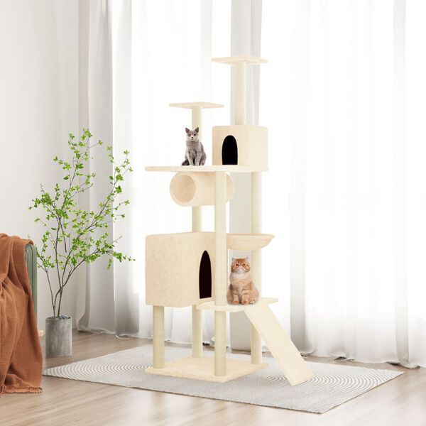 vidaXL Cat Tree Cream Engineered wood, plush, sisal 66.1 in tall Durable