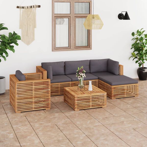 vidaXL 6 Piece Patio Lounge Set with Dark Gray Cushion Solid Teak Wood