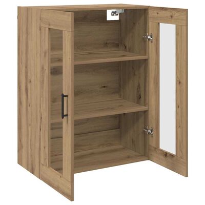 Open wooden cabinet with two doors swung open showing three shelves inside