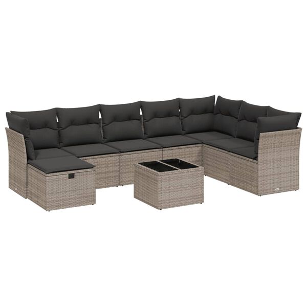 vidaXL Garden Sofa Set Gray Poly Rattan, Tempered Glass 9 Piece Modular