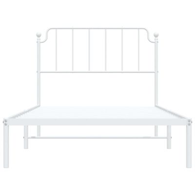 White metal bed frame with headboard and slatted base, full view