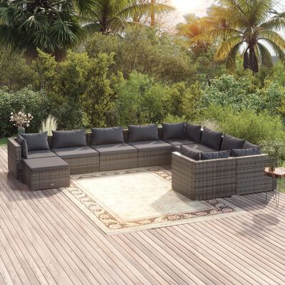 vidaXL 10 Piece Garden Lounge Set with Cushions Poly Rattan Gray