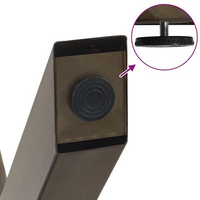 Close-up of a brown table leg top with an adjustable foot mechanism highlighted in inset.