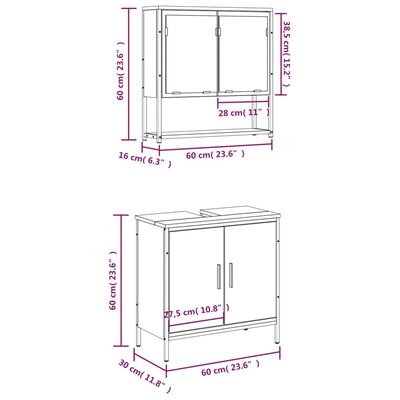 Dimensions illustration showing measurements for a wall cabinet and a vanity cabinet.