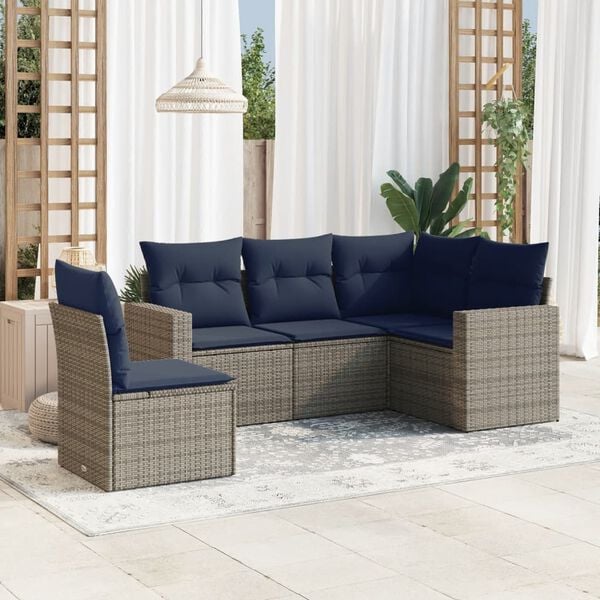 vidaXL 5 Piece Patio Sofa Set with Cushions Gray Poly Rattan