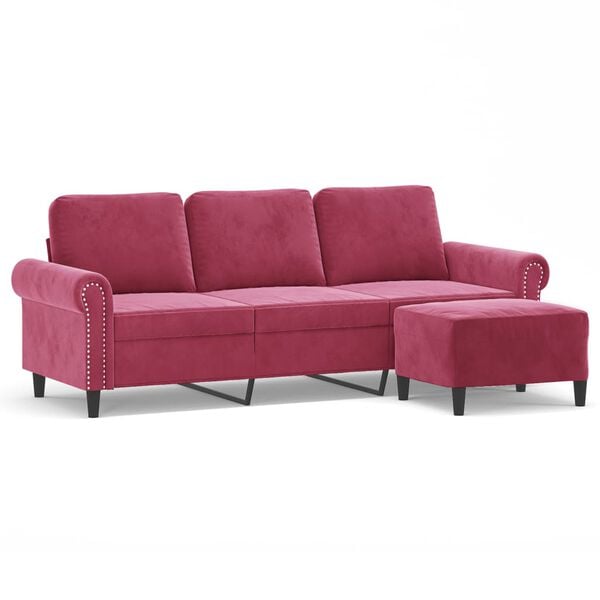 vidaXL 3-Seater Sofa with Footstool Wine Red 70.9" Velvet