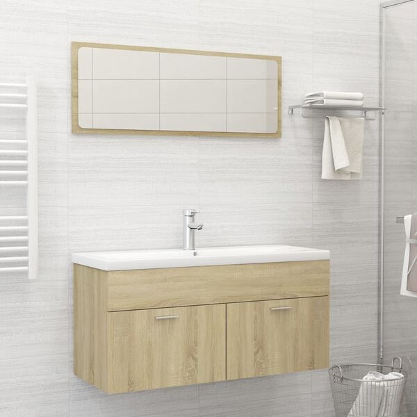 vidaXL Bathroom Furniture Set Sonoma Oak, White Engineered Wood, Ceramic