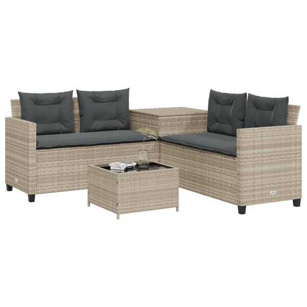 vidaXL Patio Sofa with Table and Cushions L-Shaped Light Grey Poly Rattan