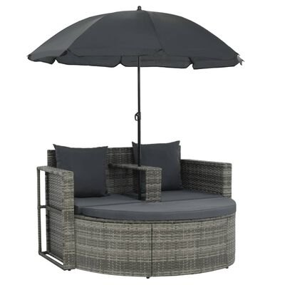 vidaXL 2 Seater Patio Sofa with Cushions and Parasol Gray Poly Rattan