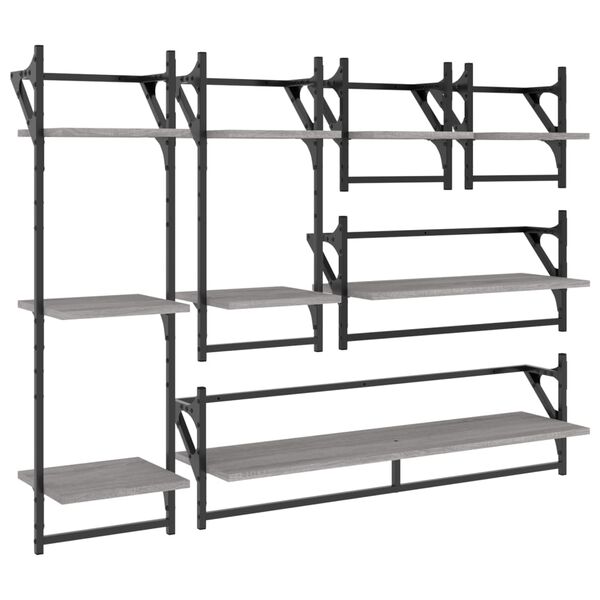 vidaXL Wall Shelf Set Set of 6 Gray Sonoma Engineered wood, metal Large