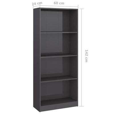 vidaXL 4-Tier Book Cabinet High Gloss Gray 23.6" x 9.4" x 55.9" Engineered Wood