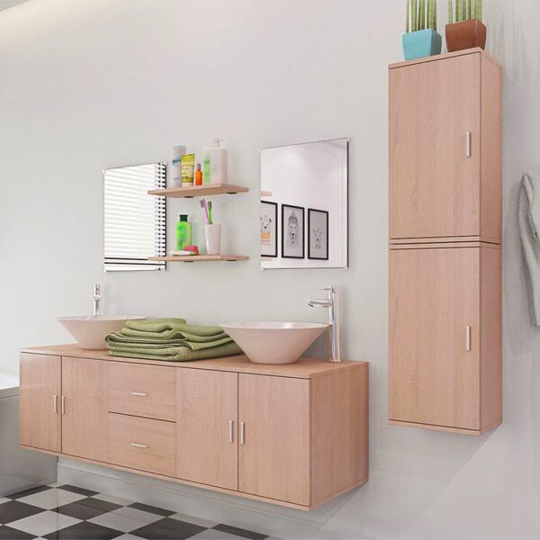 vidaXL Bathroom Cabinet Beige, White Engineered wood, Ceramic Standard