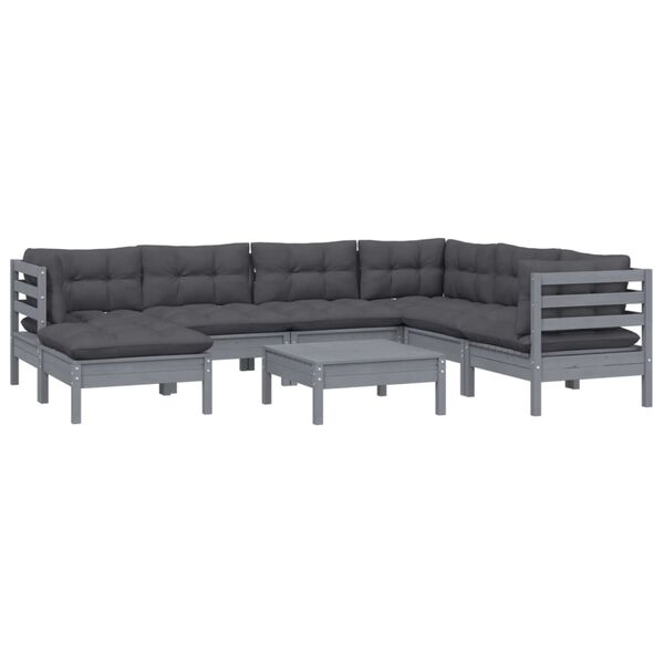 vidaXL 8 Piece Patio Lounge Set with Cushions Gray Solid Pinewood
