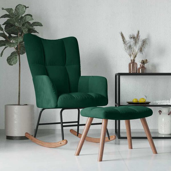 vidaXL Rocking Chair With Stool Dark green Velvet, solid rubber wood, steel