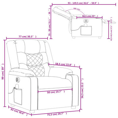 Dimensions schematic of the recliner with measurements in centimeters and inches