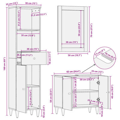 Technical schematic drawings with measurements for a cabinet set.