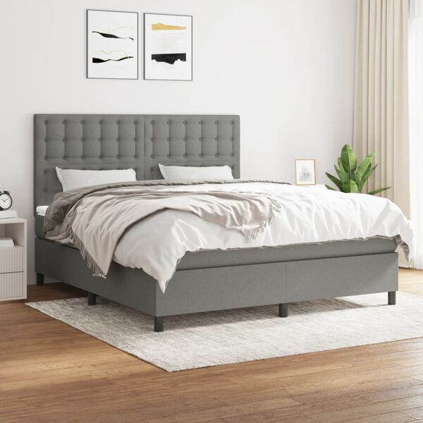 vidaXL Box Spring Bed Dark Grey Polyester Queen Adjustable Headrests