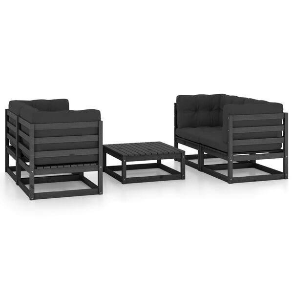 vidaXL Garden Lounge Set Black Solid Pine Wood, Fabric (100% Polyester)