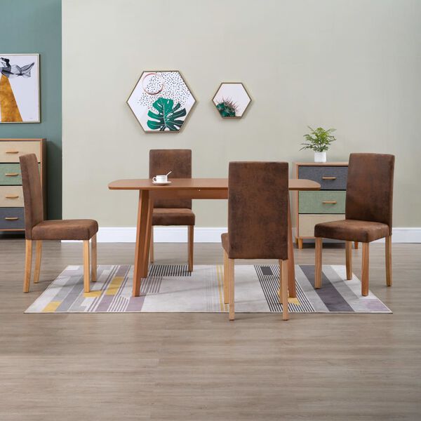 vidaXL Dining Chair Set of 4 Brown Faux Suede, Wood Standard Sturdy