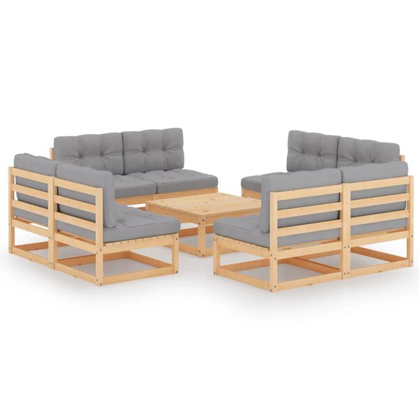 vidaXL Garden Lounge Set Grey Solid pine wood, 100% polyester 9-piece set