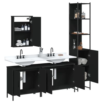 Complete black bathroom furniture set shown: wall-mounted cabinet above sink, double sink vanity, tall cabinet, and shelving unit with doors.