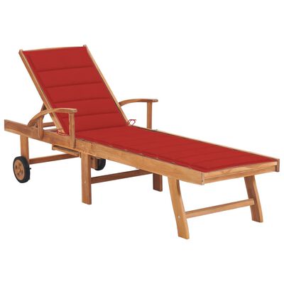 vidaXL Sun Lounger with Red Cushion Solid Teak Wood