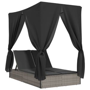 vidaXL Double Sun Lounger with Roof and Curtains Grey Poly Rattan
