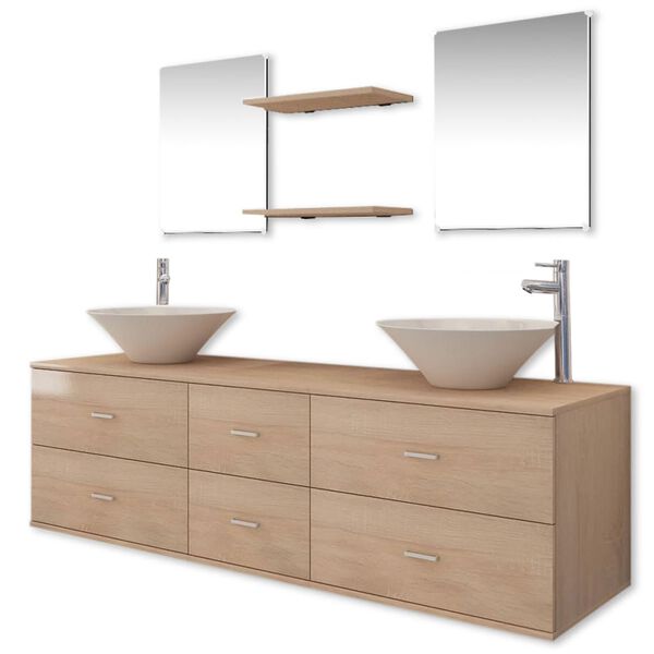 vidaXL Bathroom Cabinet Beige, White, Silver Engineered wood, Ceramic, Brass