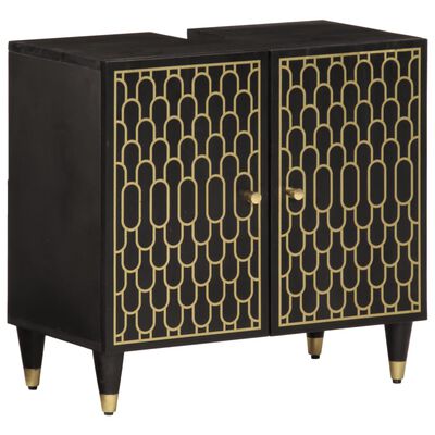 A black sideboard with two gold-patterned cabinet doors and gold legs.