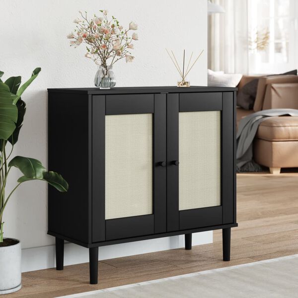 vidaXL Sideboard Black Solid pine wood, engineered wood, poly rattan