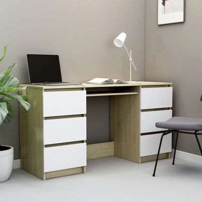 vidaXL Writing Desk White and Sonoma Oak 55.1"x19.7"x30.3" Chipboard