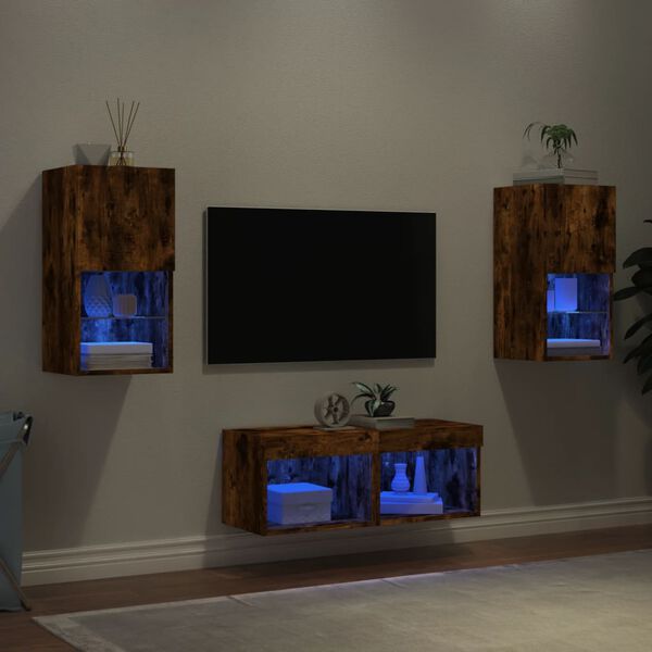 vidaXL 4 Piece TV Wall Stands with LED Lights Smoked Oak