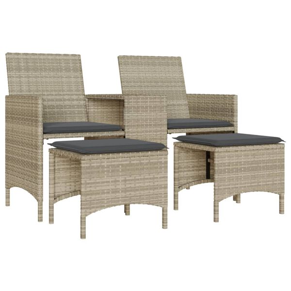 vidaXL Patio Sofa 2-Seater with Table and Stools Light Grey Poly Rattan