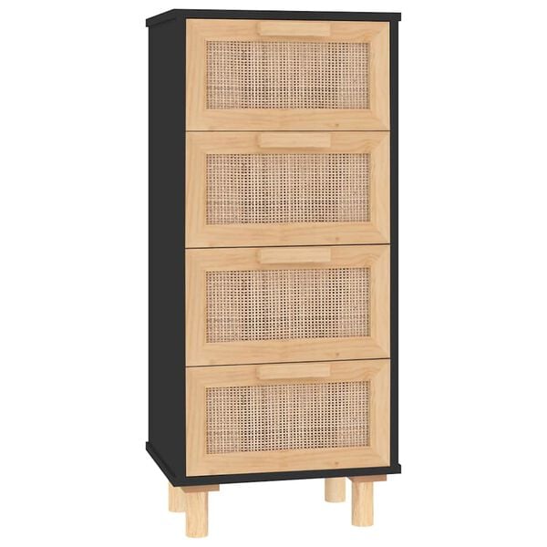 vidaXL Sideboard Black 15.7"x11.8"x35.4" Solid Wood Pine and Natural Rattan