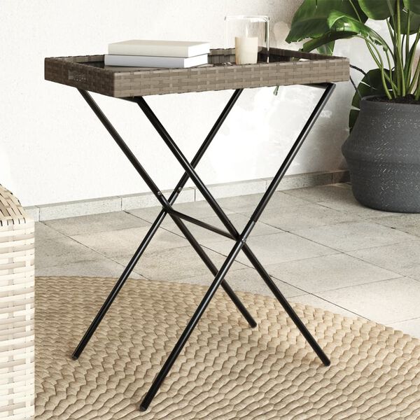 vidaXL Folding Tray Table Grey Flat PE rattan, powder-coated steel, PC board