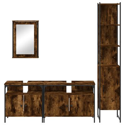 Wall mirror with rustic frame and a long sideboard vanity along with a tall cabinet on the right; simple layout.