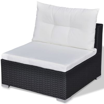 Single-seater ottoman chair with white cushion, dark wicker frame.