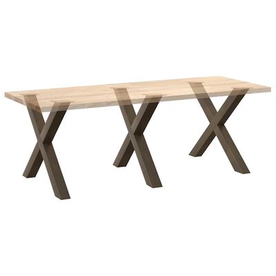 Long wooden table with three X-shaped legs in brown, seen from a slight angle.