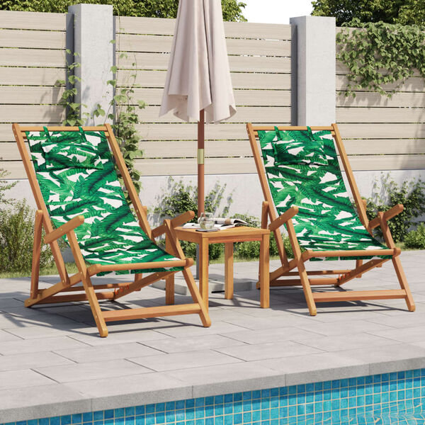 vidaXL Folding Beach Chair Leaf Pattern Solid Wood Eucalyptus and Fabric