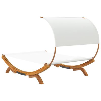 Two-seater curved canopy daybed with white fabric and wooden frame, shown from a side angle.
